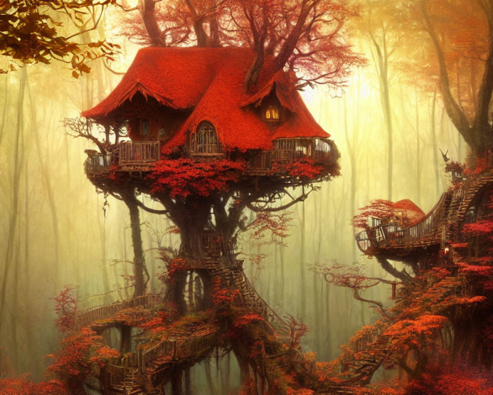 Whimsical treehouse with red roof in autumnal forest