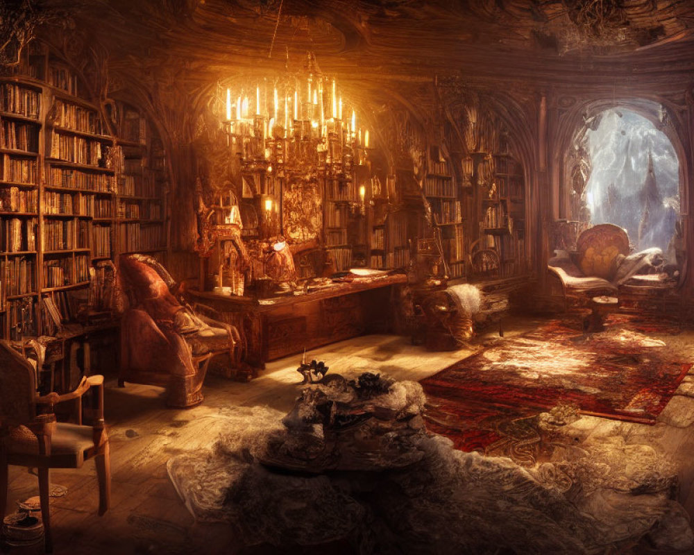 Warm-lit study with overflowing bookshelves and plush chairs