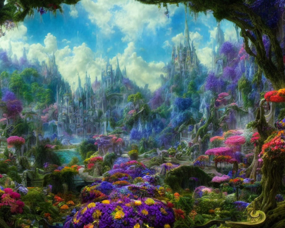 Colorful fantasy landscape with gardens, flora, and fairytale castle