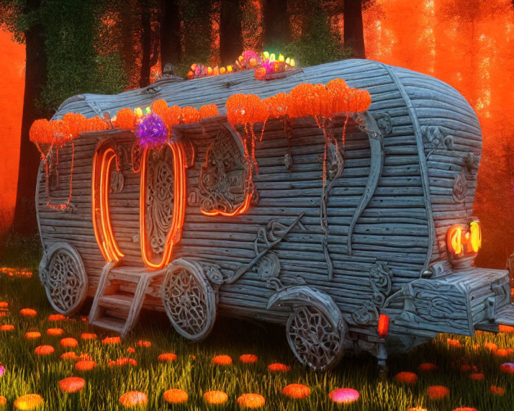 Enchanting fantasy caravan in mystical forest with orange and purple lights