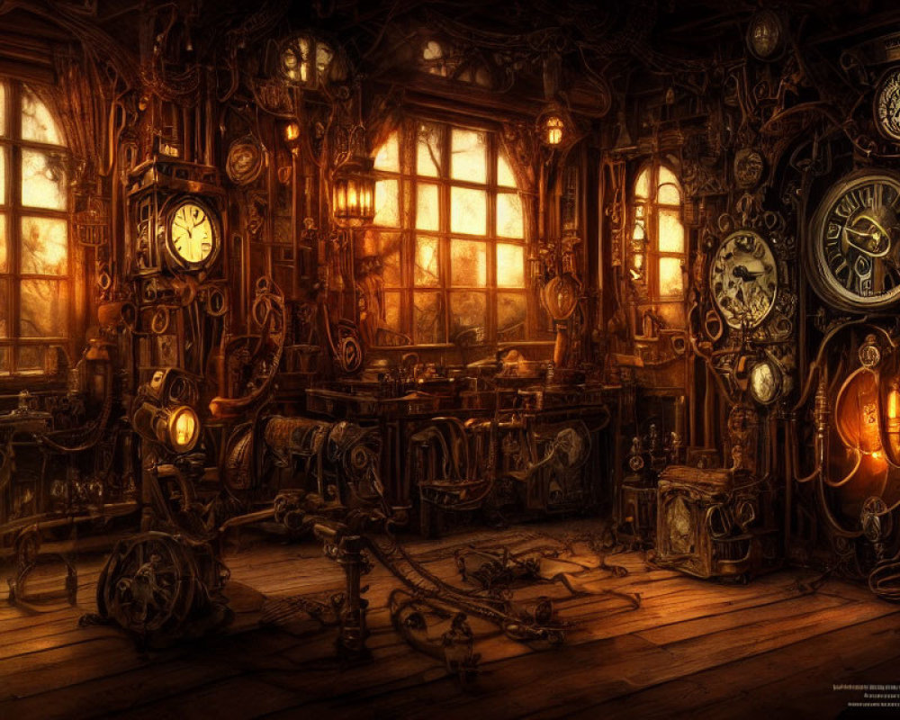 Vintage Steampunk Room with Clocks and Gears