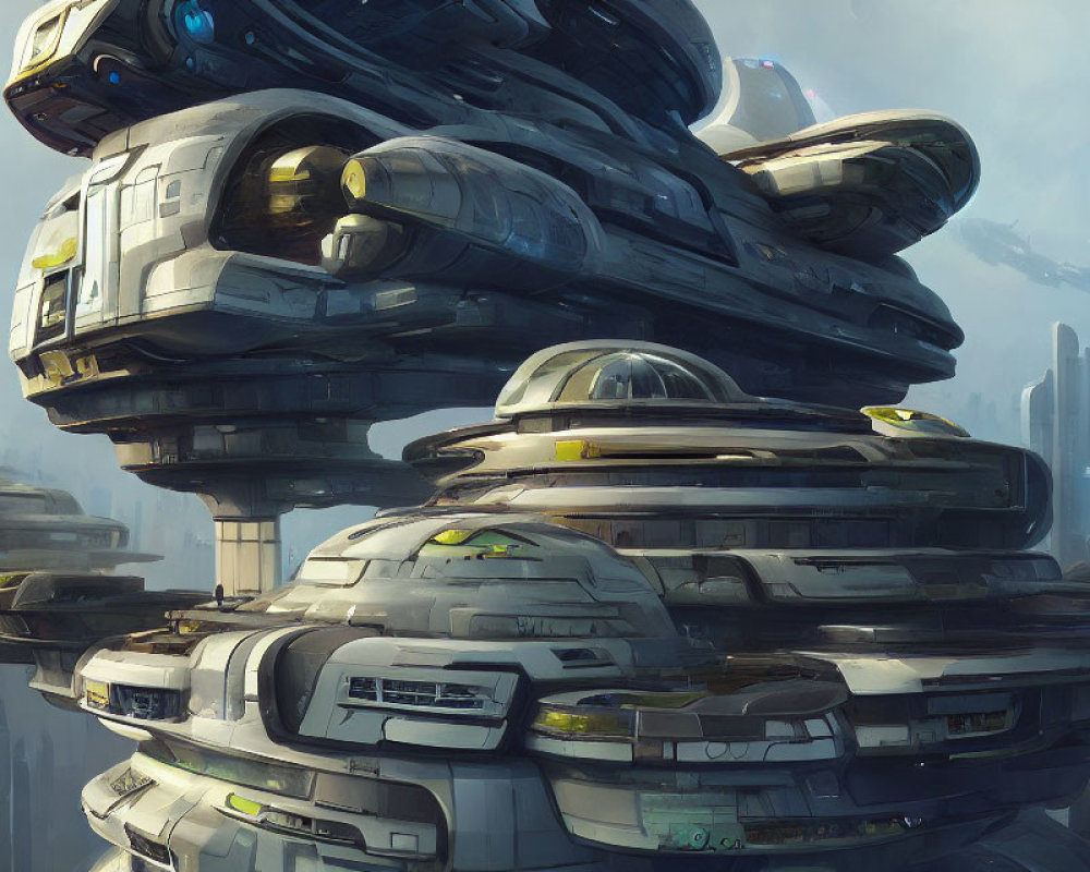Futuristic cityscape with cylindrical structures and flying vehicles