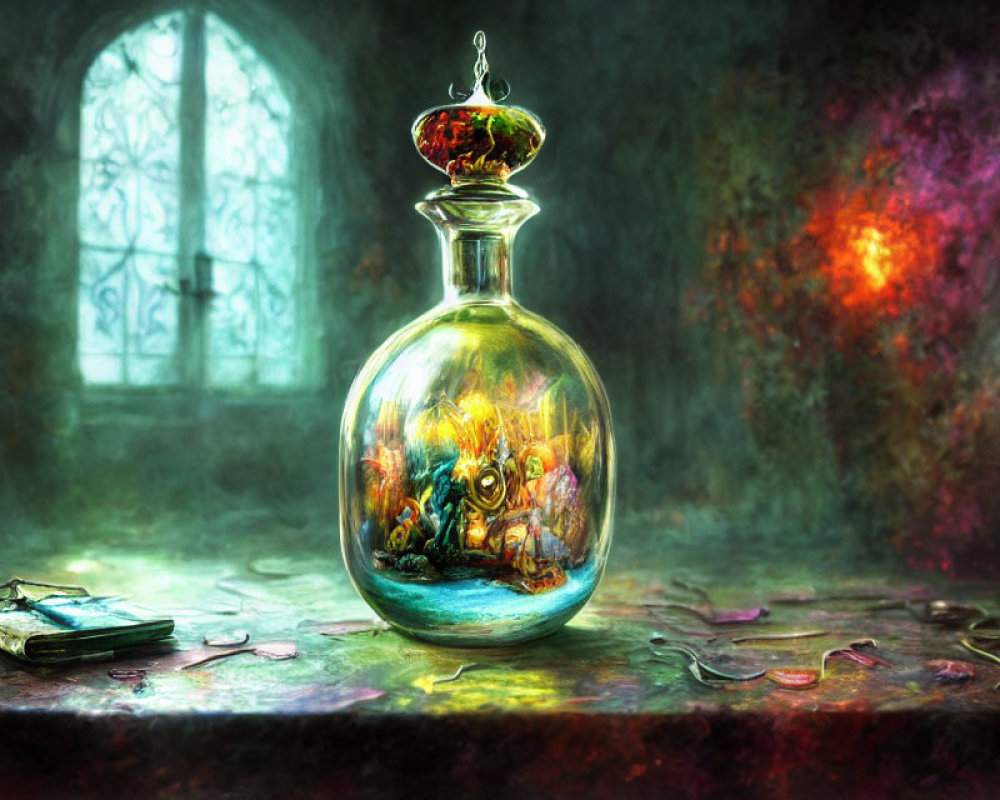 Fantasy digital painting: luminous potion bottle, creatures, open book, vial, moody