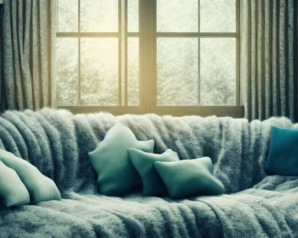 Warm and Inviting Interior with Grey Blanket and Soft Pillows by Snowy Window