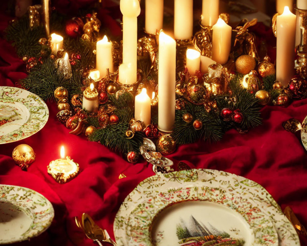 Elegant Christmas table setting with candles, red tablecloth, decorated plates, and gold baubles