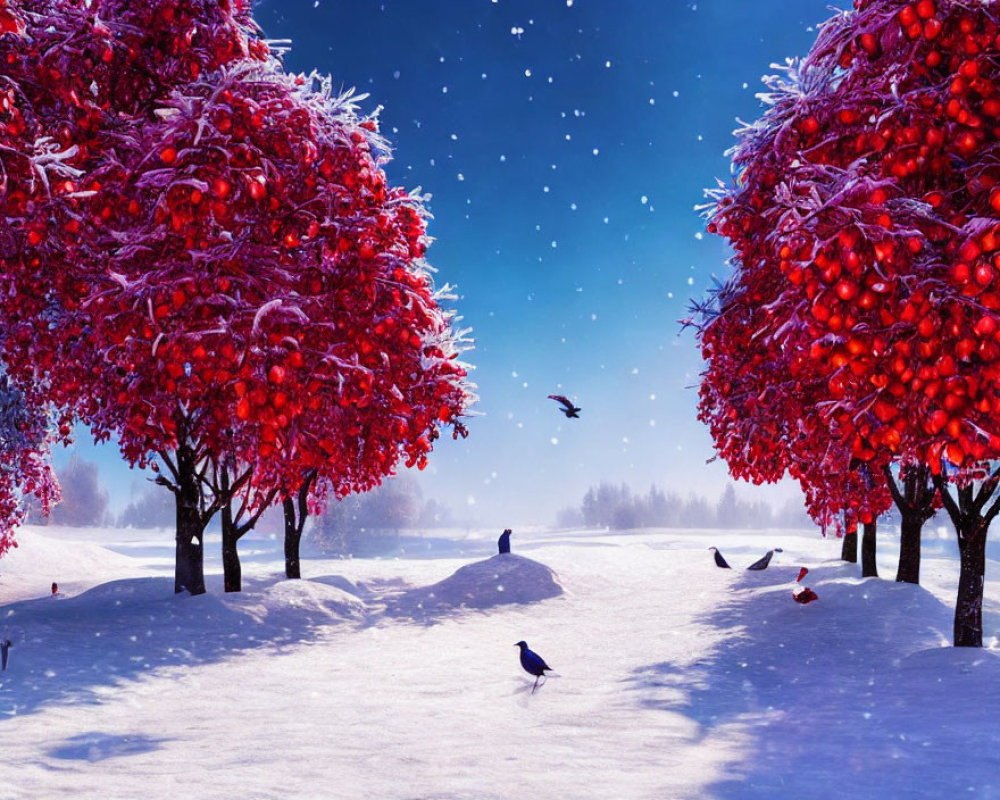 Vibrant red trees in snowy winter scene with birds under clear blue sky