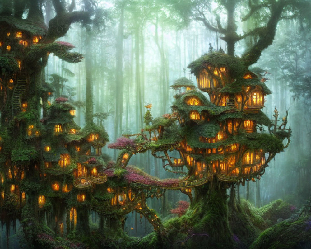 Twilight enchanted forest scene with illuminated treehouses and mystical foggy backdrop