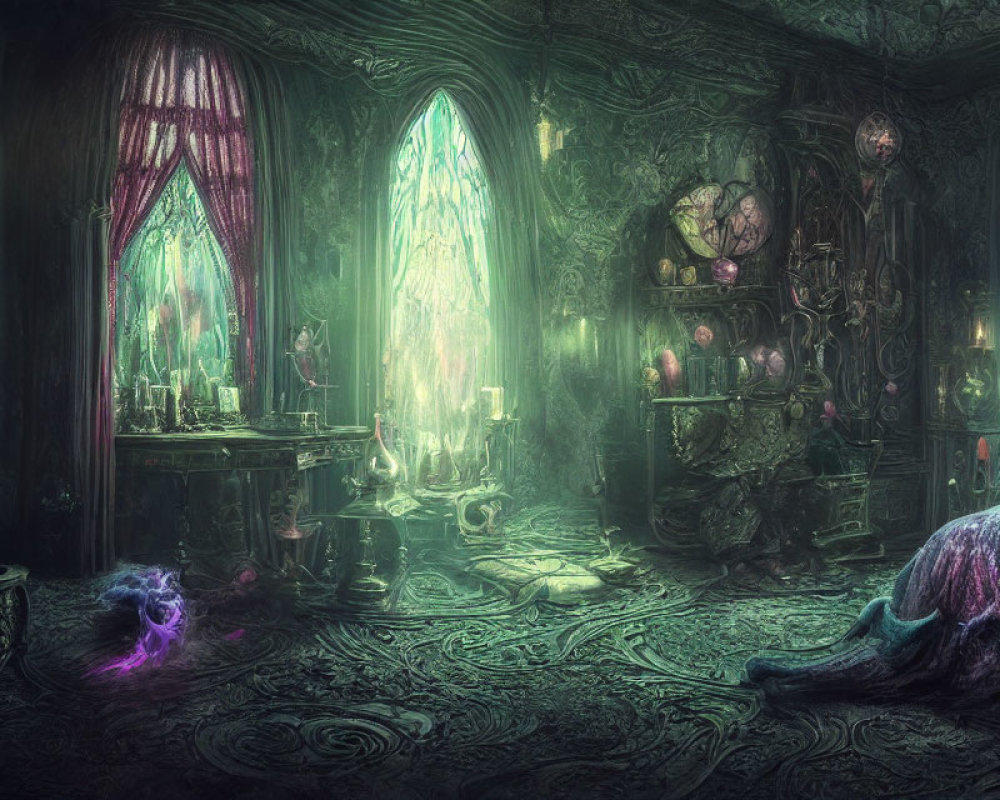 Mystical room with glowing crystals and ghostly figure