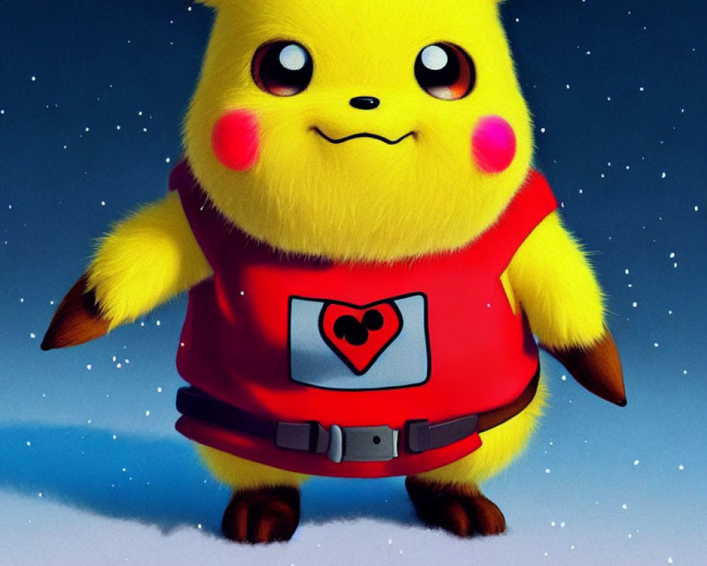 Pikachu in red vest with heart symbol on starry night background