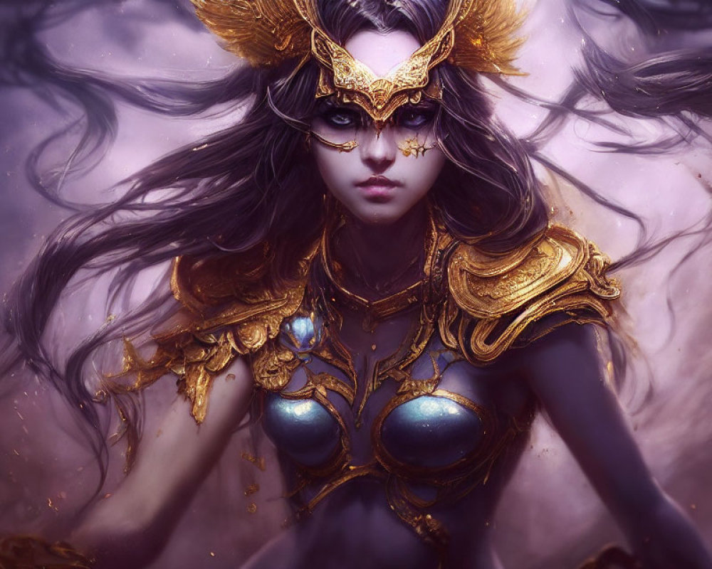 Illustrated female figure in golden armor and mystical headdress on purple background.