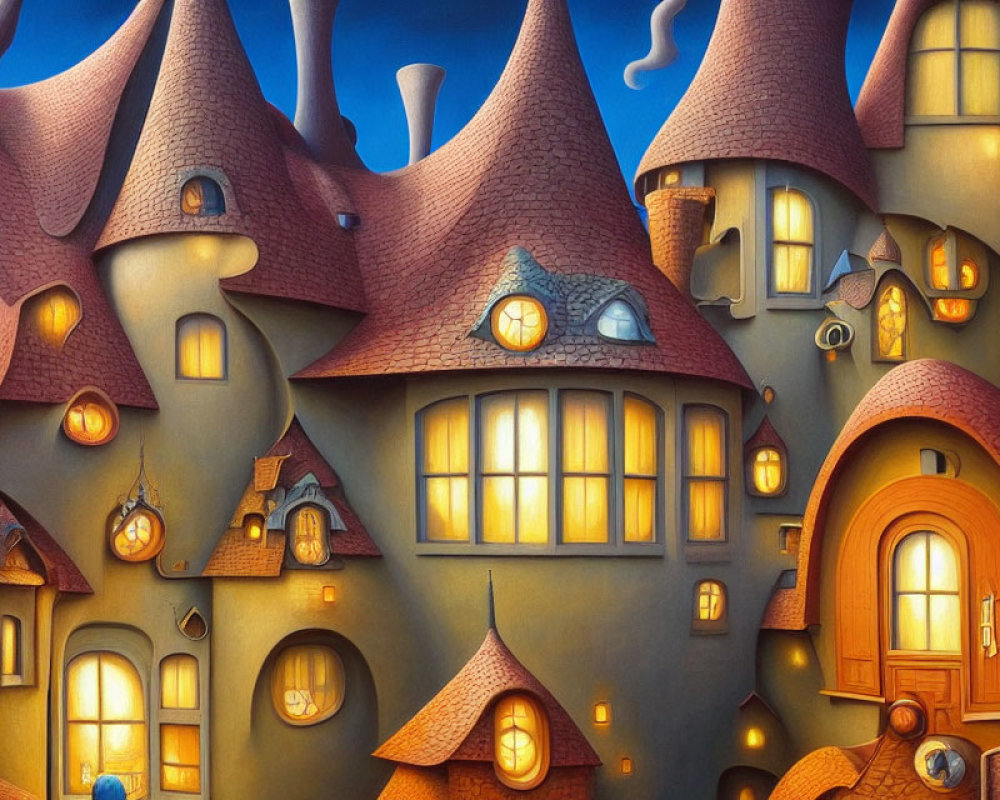 Whimsical Village with Glowing Windows and Quirky Buildings