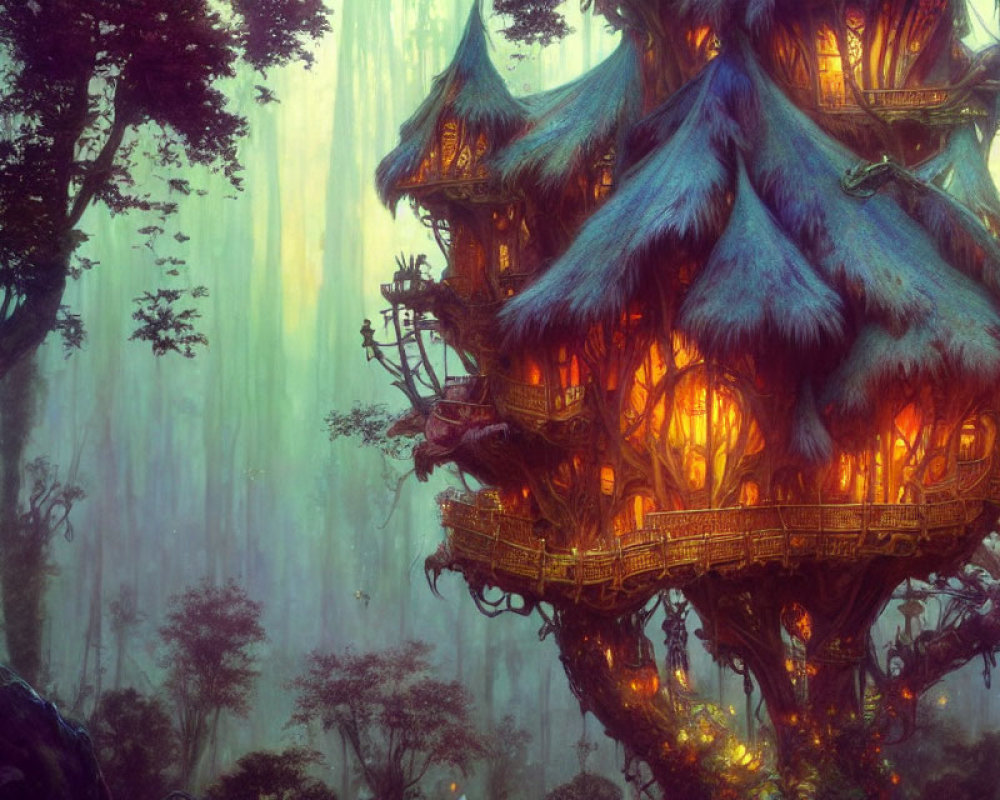 Enchanting treehouse with glowing windows in mystical forest