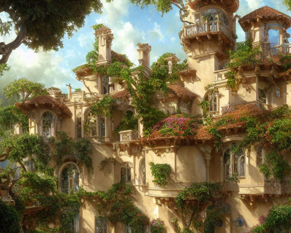 Lush treehouse-like mansions with blooming flowers under sunlit sky