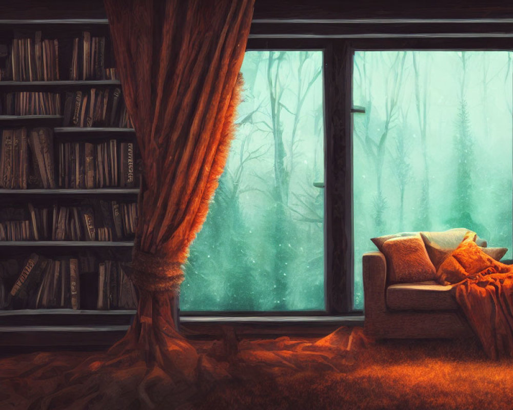 Inviting interior with armchair, blanket, curtain, bookshelf, and misty forest view