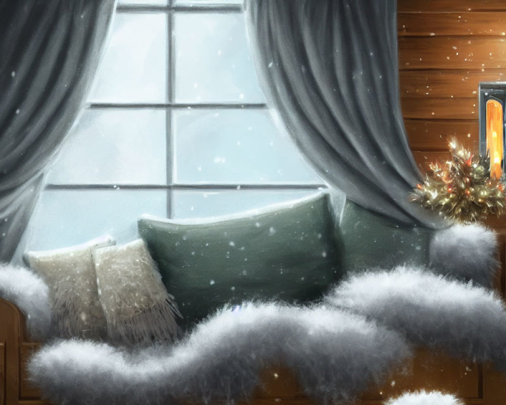 Winter fireplace with snowy window, fluffy cushions, festive decorations on bench