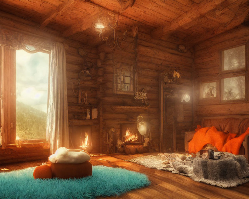 Rustic cabin interior with fireplace, mountain view, and cozy decor