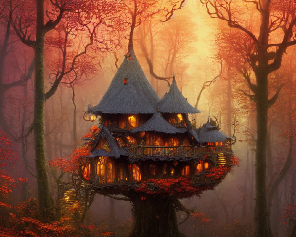 Glowing windows in fantasy treehouse amid autumn trees at sunset