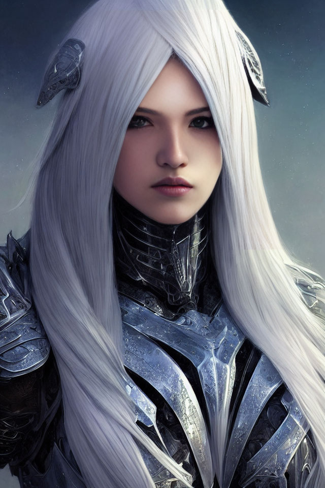 Pale-skinned person in silver armor with long white hair