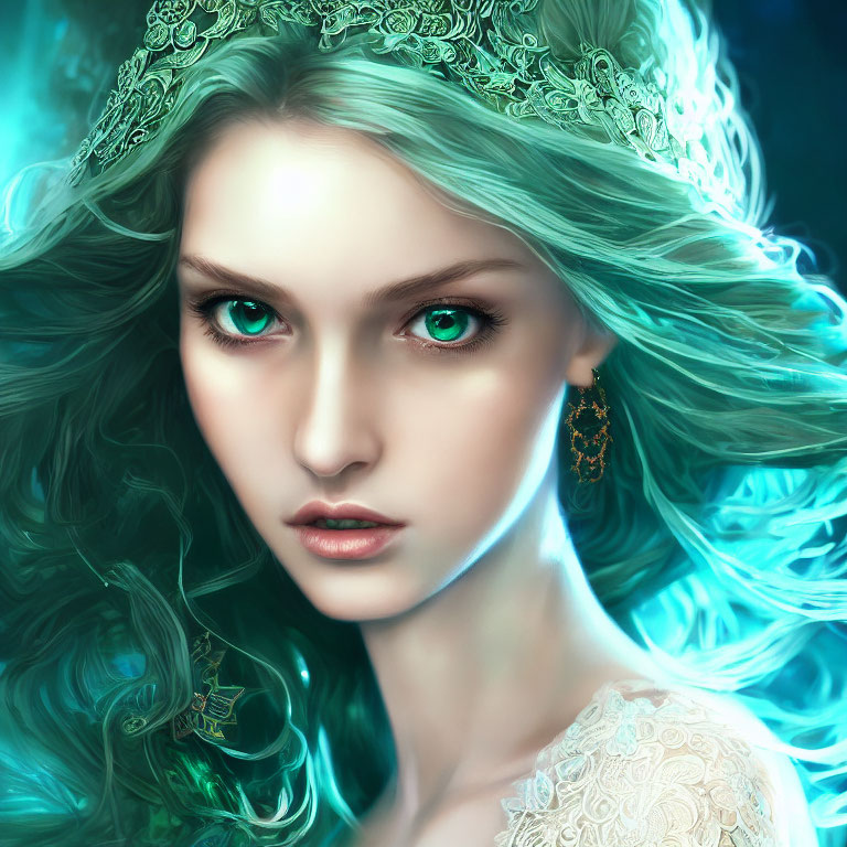 Fantasy portrait of a woman with green eyes, teal hair, crown, and earrings on blue-green