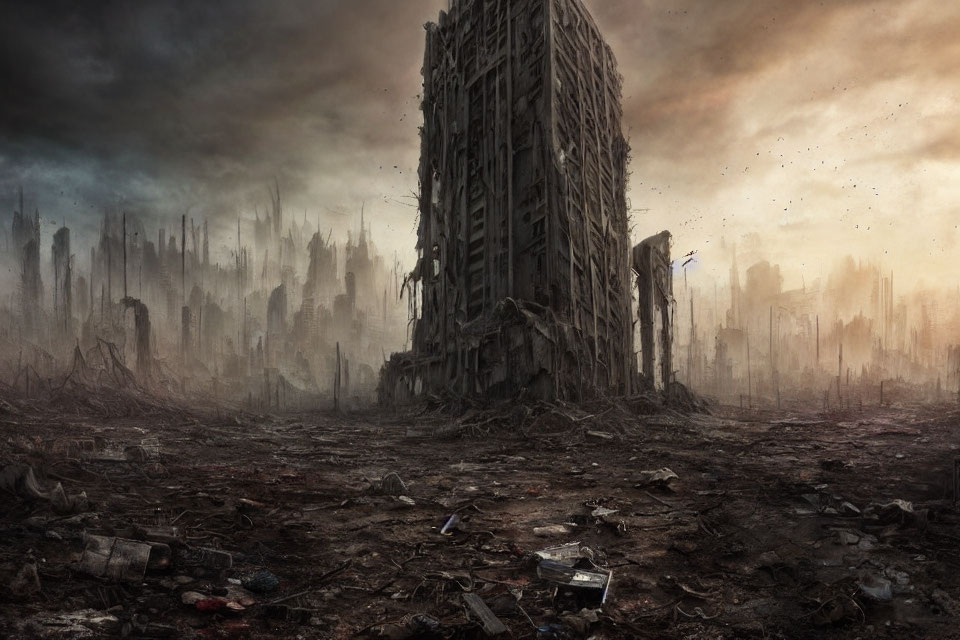 Desolate post-apocalyptic landscape with dilapidated high-rise building