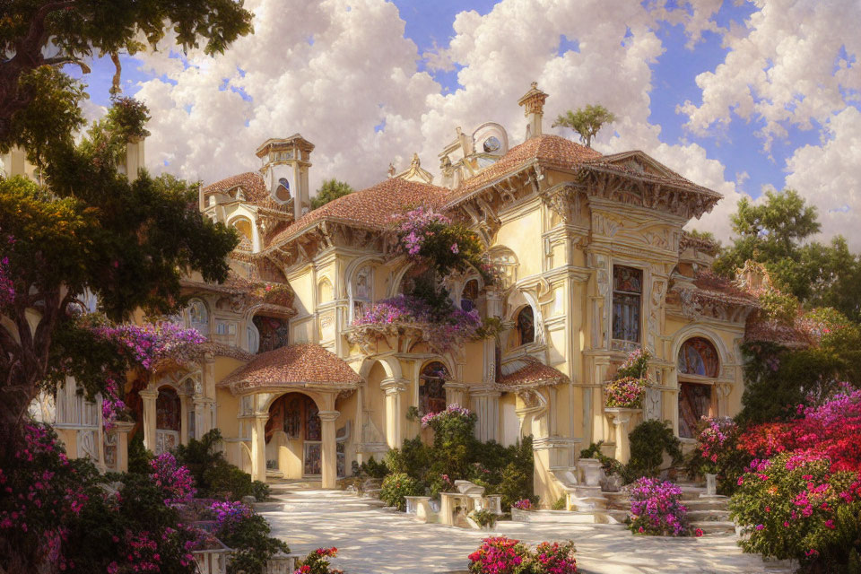 Opulent Villa with Ornate Architecture and Lush Gardens