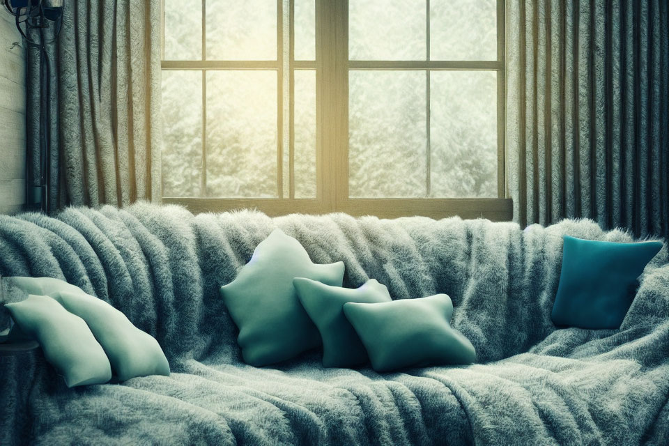 Warm and Inviting Interior with Grey Blanket and Soft Pillows by Snowy Window