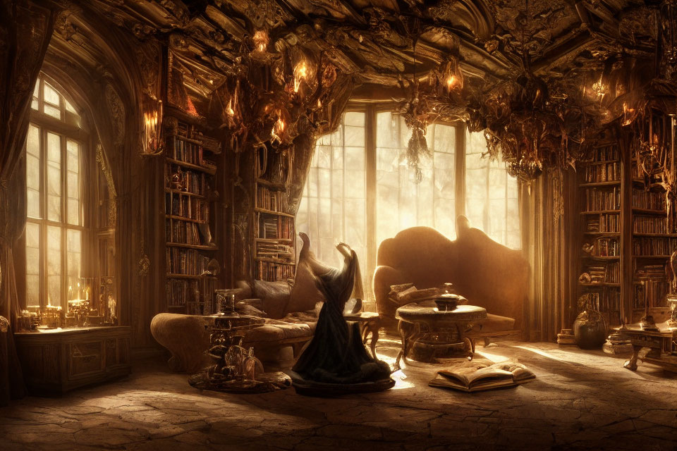 Opulent old library with large window, warm lighting, books, wingback chair, mysterious figure in