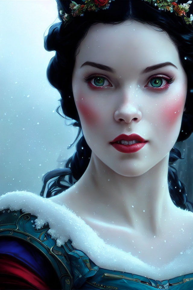 Digital artwork: Woman with green eyes, rosy cheeks, floral headpiece, snowflakes,