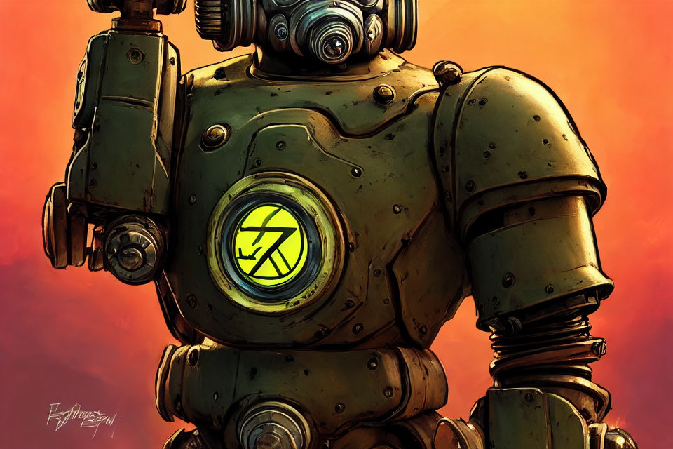 Bulky robot illustration with green body and yellow symbol on chest