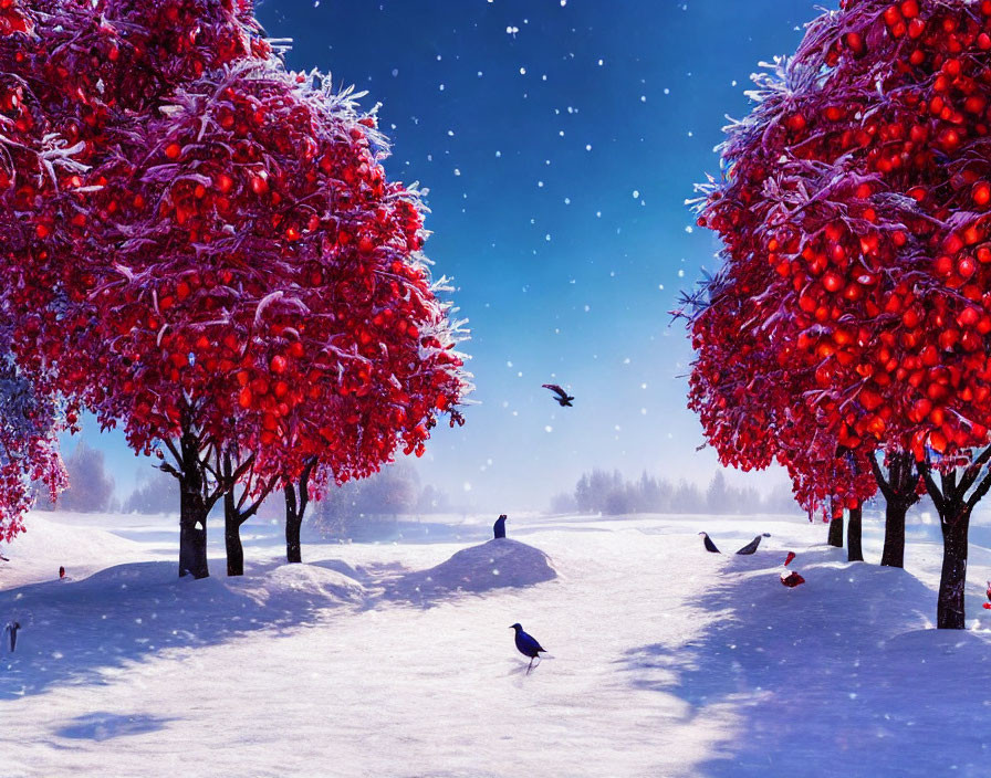 Red fruit trees and birds