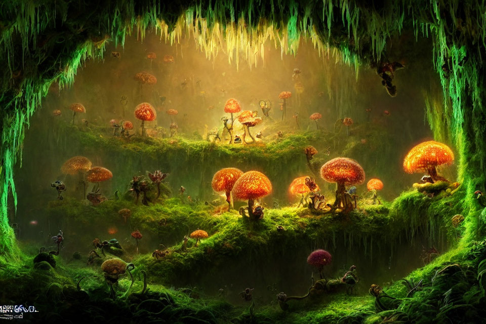Enchanting forest scene with glowing mushrooms and ethereal lights