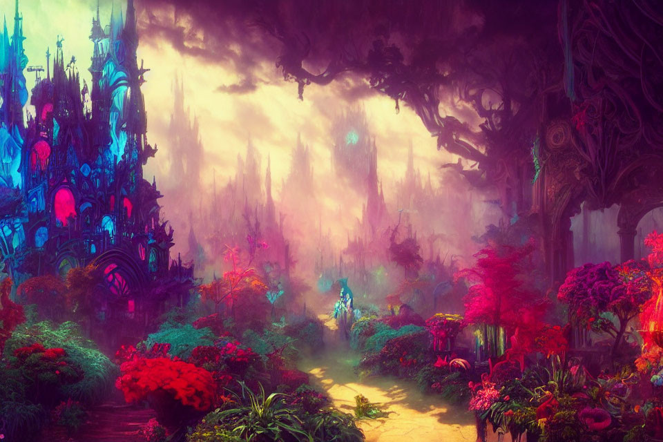Colorful Flora and Ethereal Castle in Vibrant Fantasy Landscape