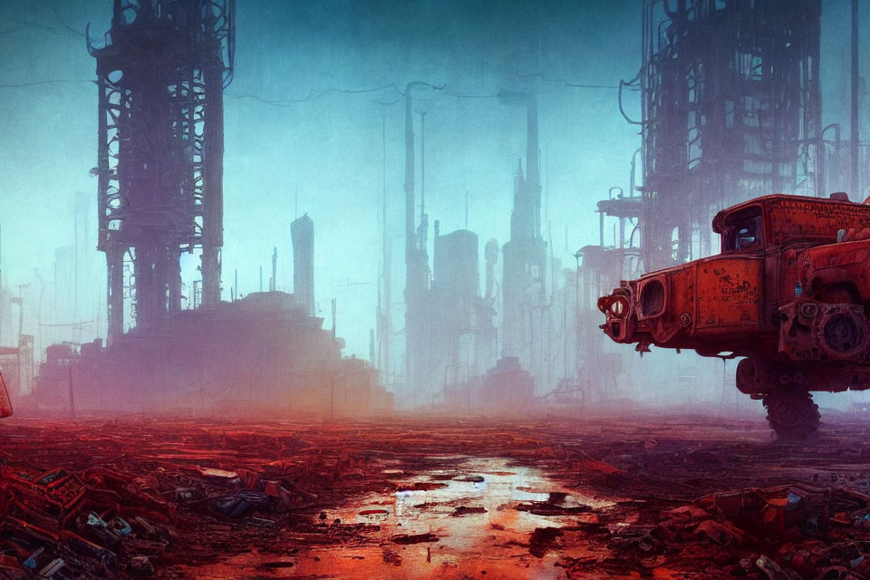 Dystopian landscape with industrial structures and crimson haze