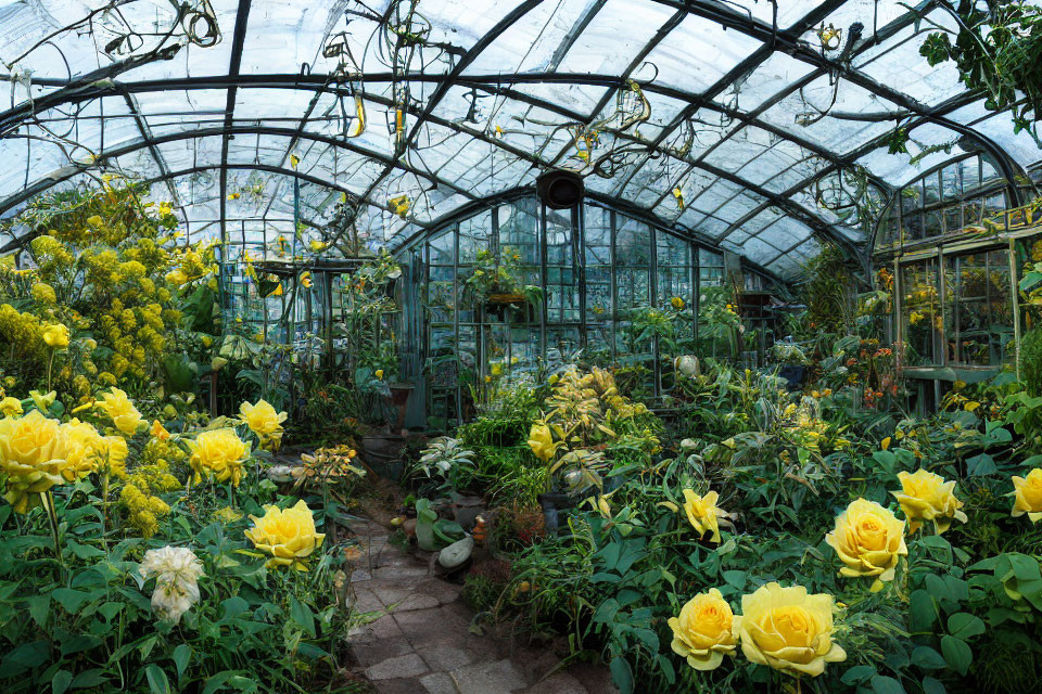 Greenhouse with Yellow Roses and Green Plants under Glass Ceiling