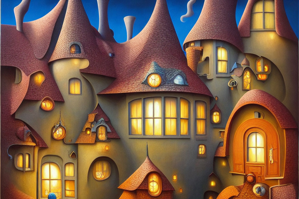 Whimsical Village with Glowing Windows and Quirky Buildings