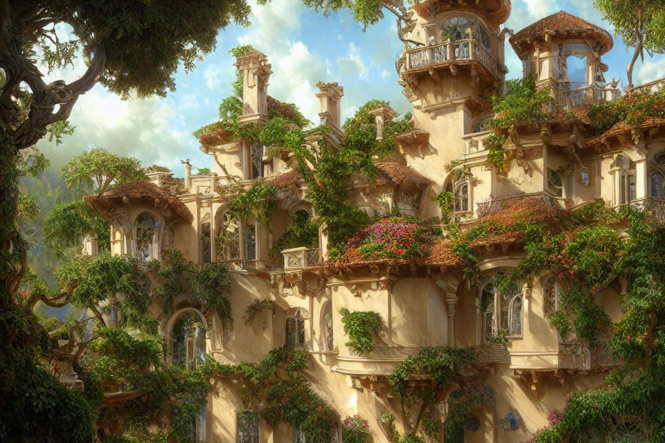 Lush treehouse-like mansions with blooming flowers under sunlit sky