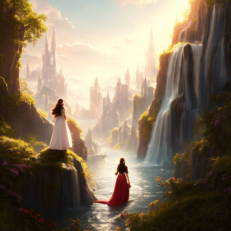 Fantasy landscape with waterfalls, glowing castle, and two women in long dresses