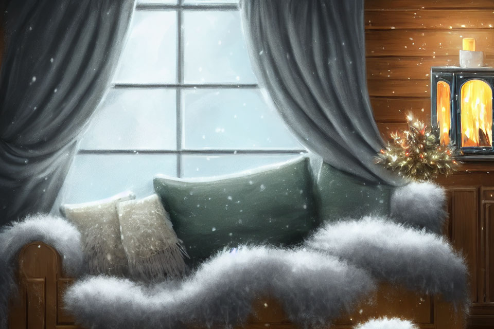 Winter fireplace with snowy window, fluffy cushions, festive decorations on bench