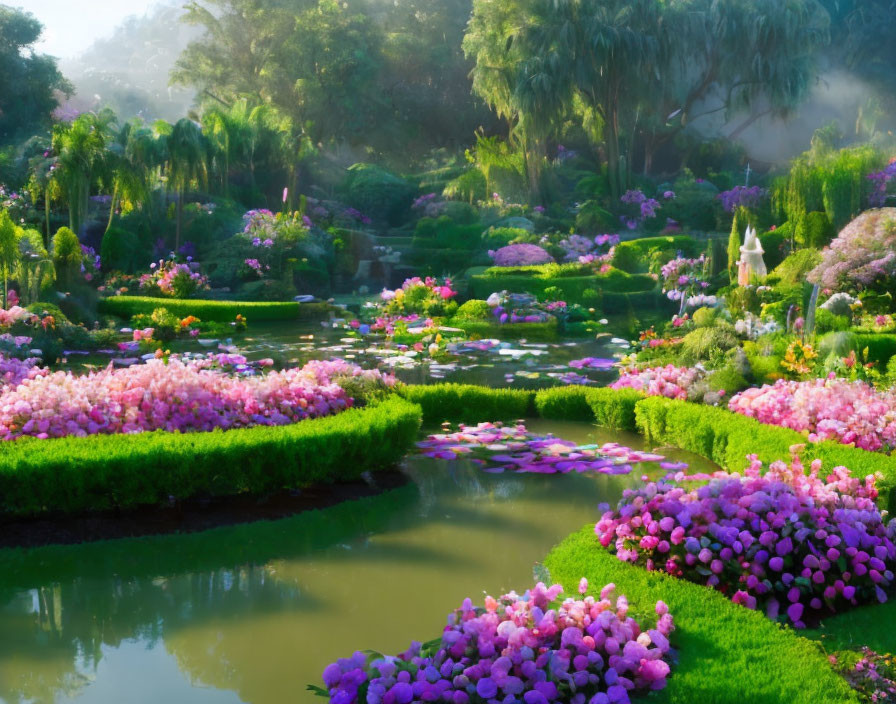 Tranquil garden with vibrant flowers, serene ponds, lush greenery, gentle mist