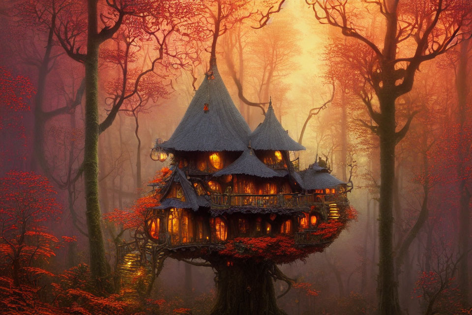 Glowing windows in fantasy treehouse amid autumn trees at sunset