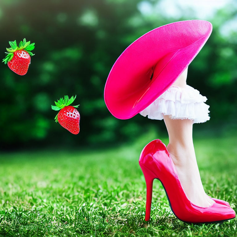 Colorful Image of Person in Red Shoes and Pink Hat with Strawberries on Green Background