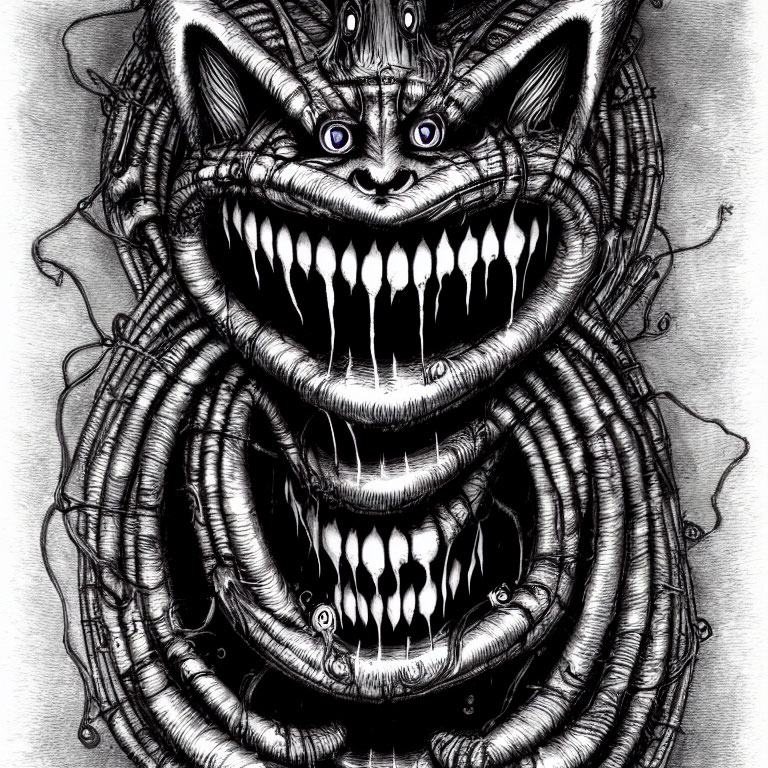Monochrome sketch of a stylized Cheshire Cat with eerie grins and piercing blue eyes