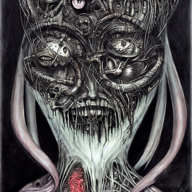 Detailed monochromatic drawing of surreal biomechanical face with multiple eyes and intricate organic and mechanical elements