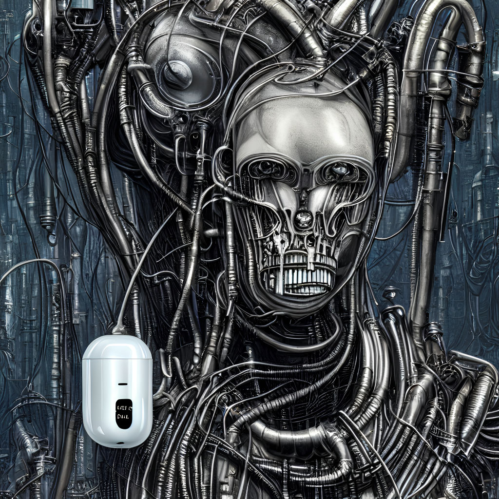 Detailed Cybernetic Being with Human Skull and Mechanical Parts Illustration