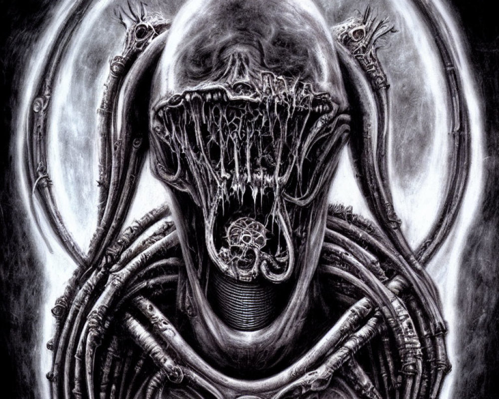 Monochrome surreal artwork: Ominous figure with gaping mouth and eye stalks