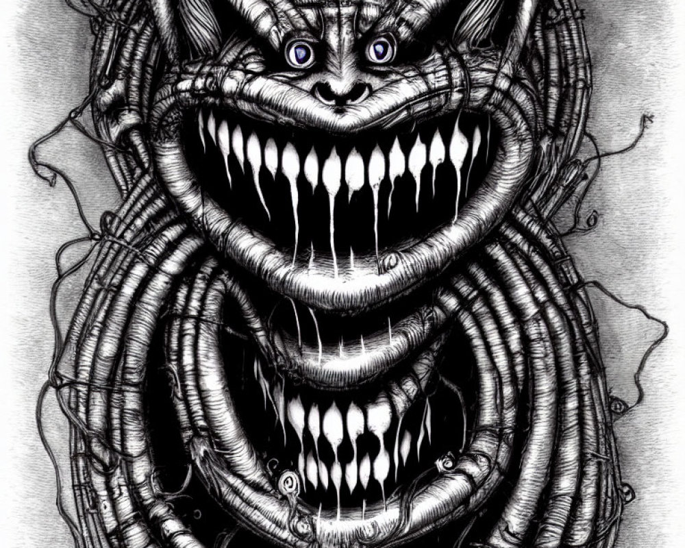 Monochrome sketch of a stylized Cheshire Cat with eerie grins and piercing blue eyes