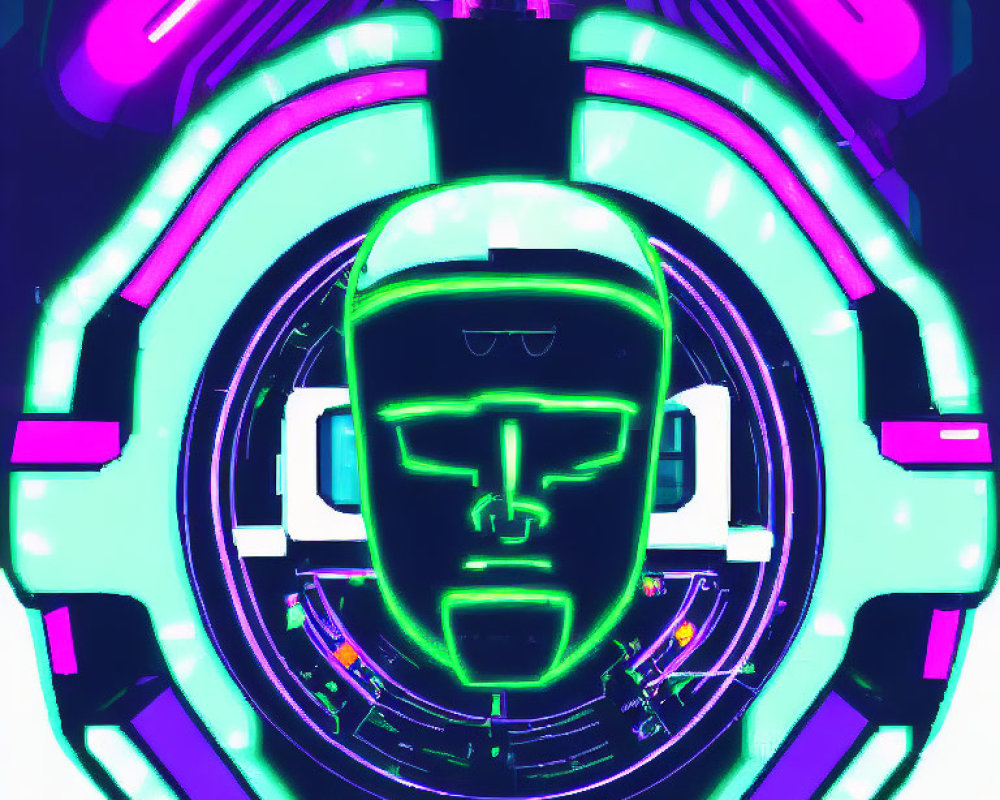 Neon-lit cyberpunk-style illustration with glowing green AI face & futuristic interfaces