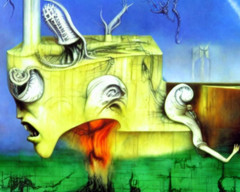 Surreal artwork: Melting yellow cube with tentacle-like protrusions under blue sky