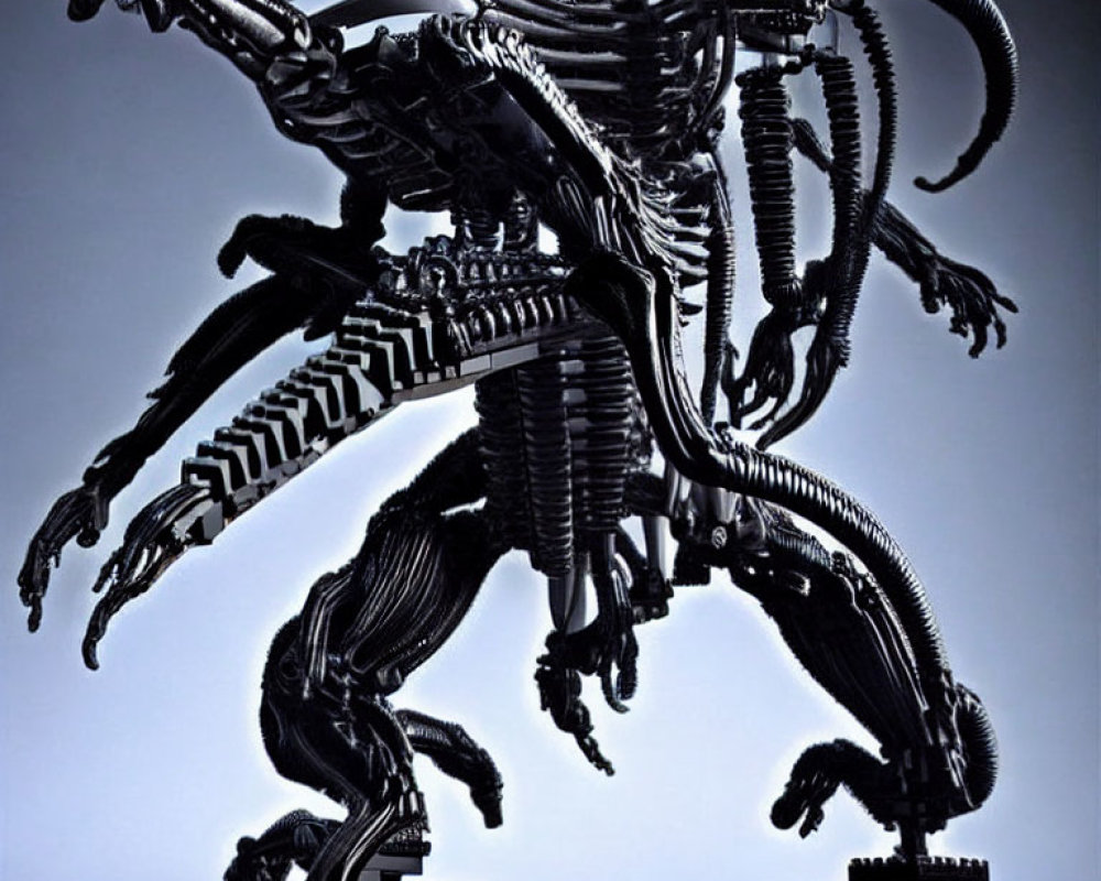 Detailed Alien Xenomorph Model with Sharp Claws and Tail on Blue Background