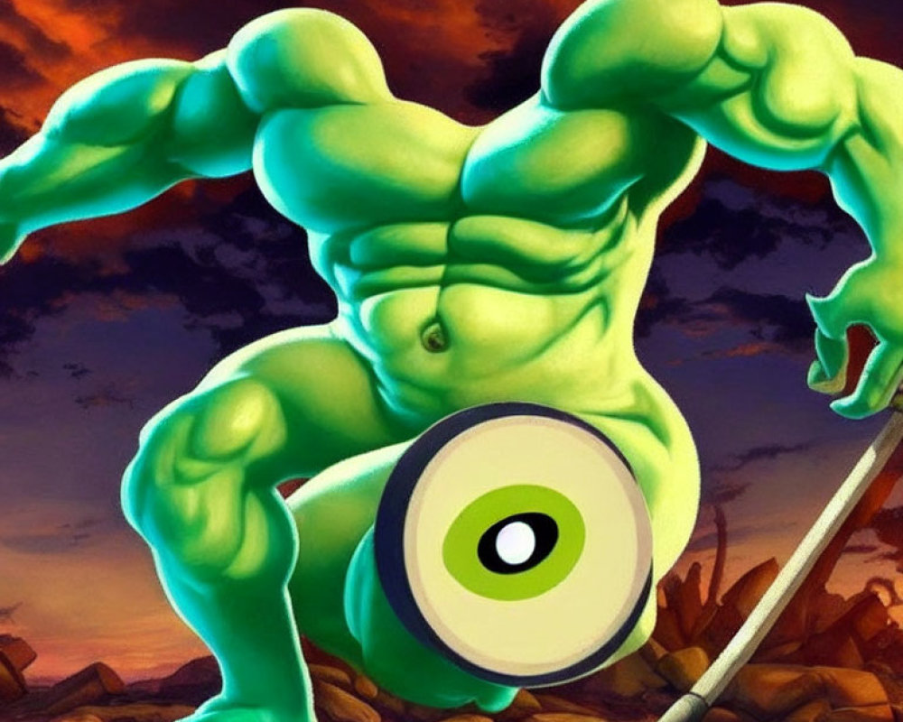 Muscular green animated character with shield and spear in fiery sky.